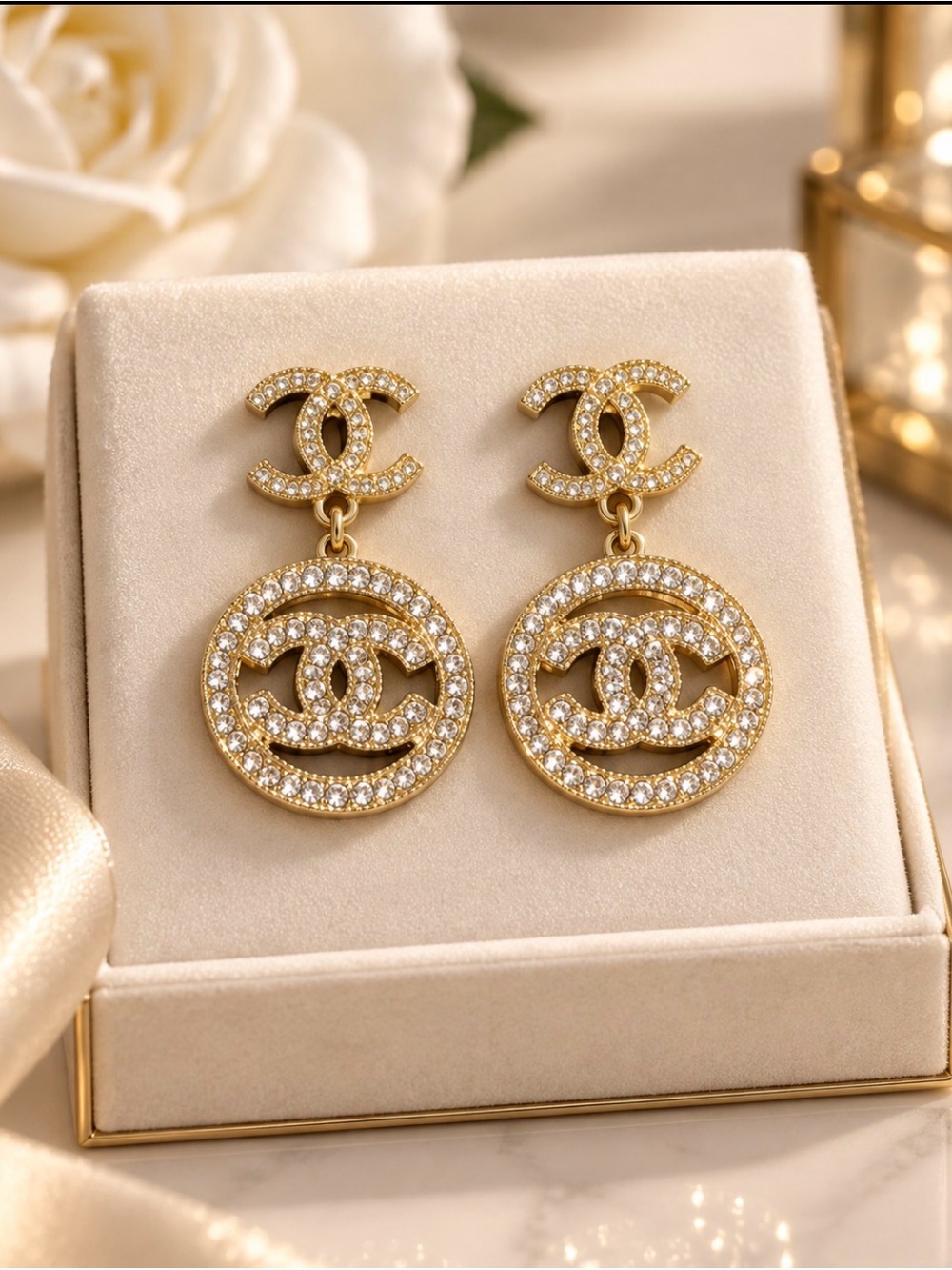 CC Fashion Jewelry Gold Crystal Logo Drop Earrings